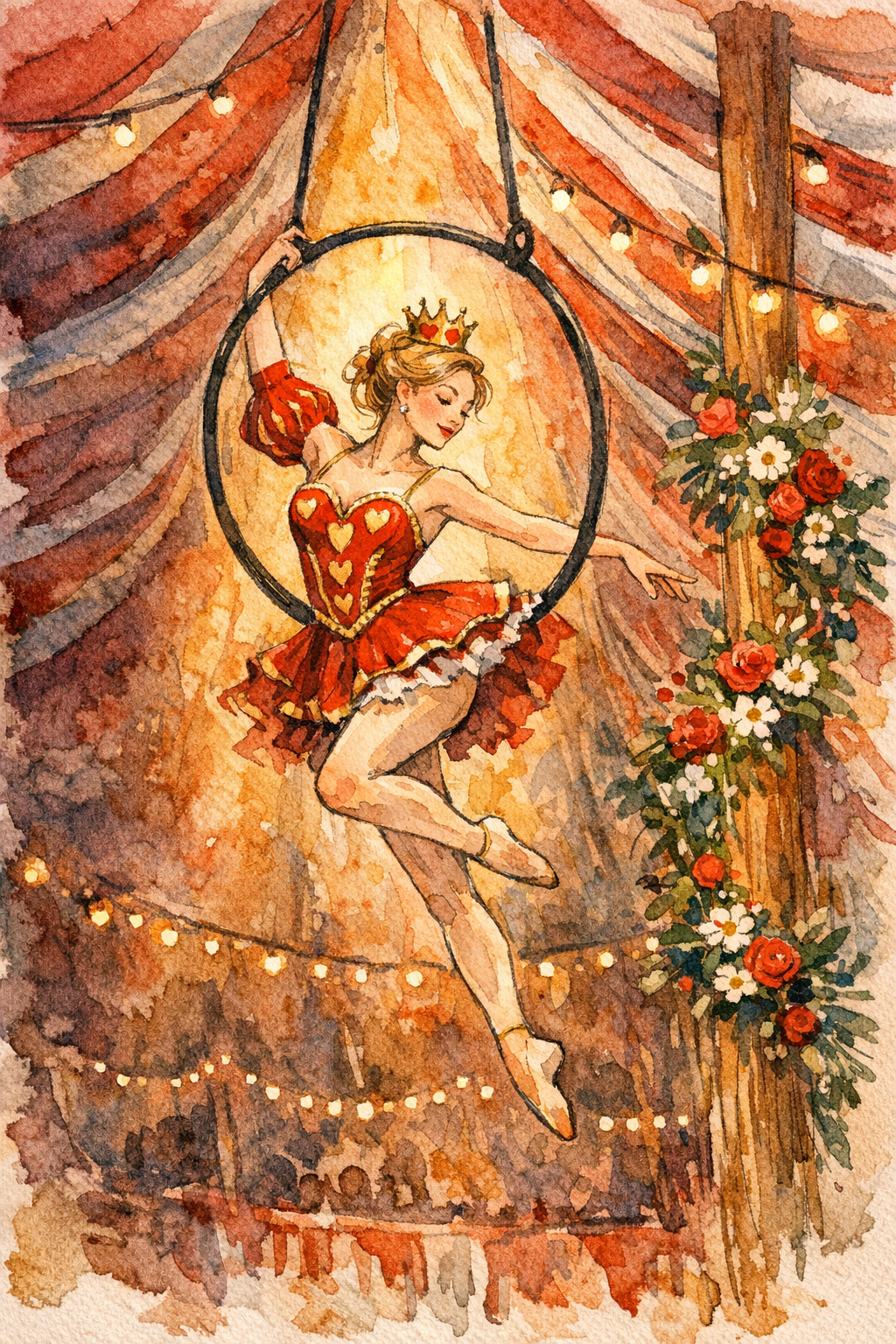 Watercolor of a trapeze aerialist in a Queen of Hearts costume performing inside the big top
