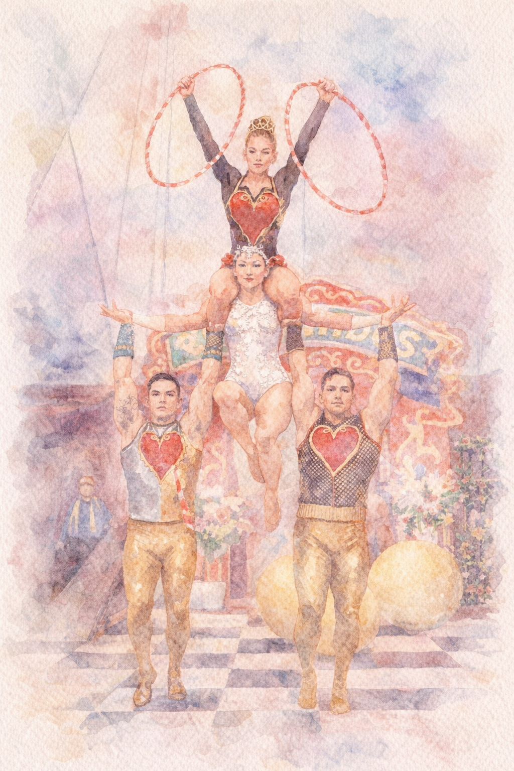 Watercolor of Alice show performers in Queen of Hearts costumes with hoops on a checkered floor