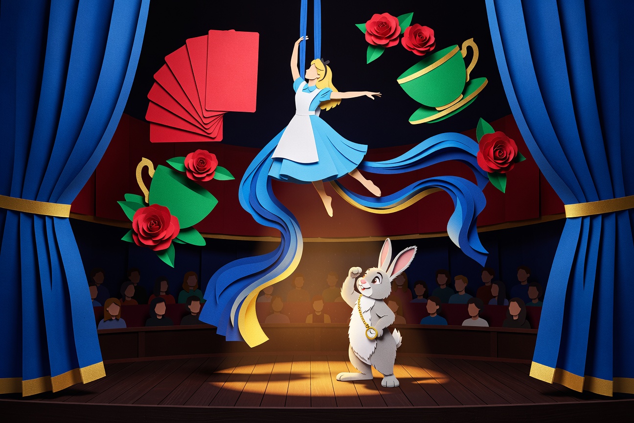Paper-cut style theatrical illustration of an aerialist in an Alice dress suspended on silks above a stage, with floating teacups, playing cards, and a white rabbit watching