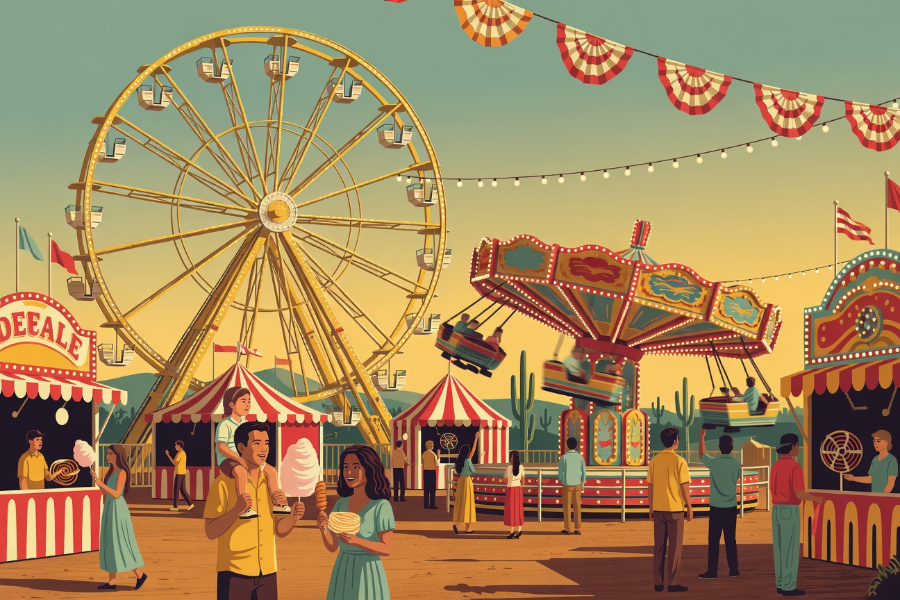 Watercolor illustration of the Gilbert Civic Center lawn filled with white festival tents and multicultural performers, with modern Southwestern architecture and the iconic water tower in the distance