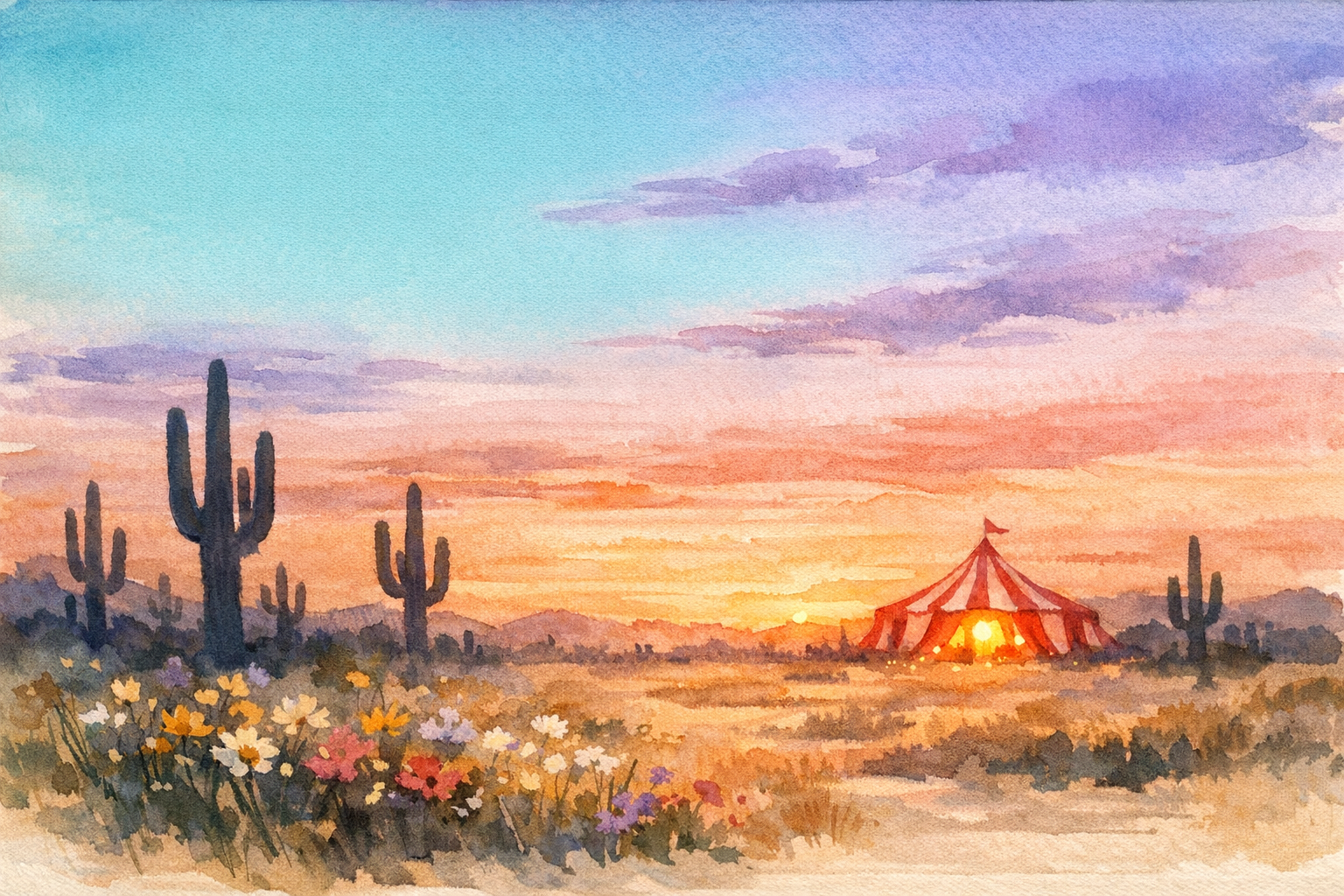 Watercolor panorama of an Arizona sunset with saguaro cacti and a distant circus tent
