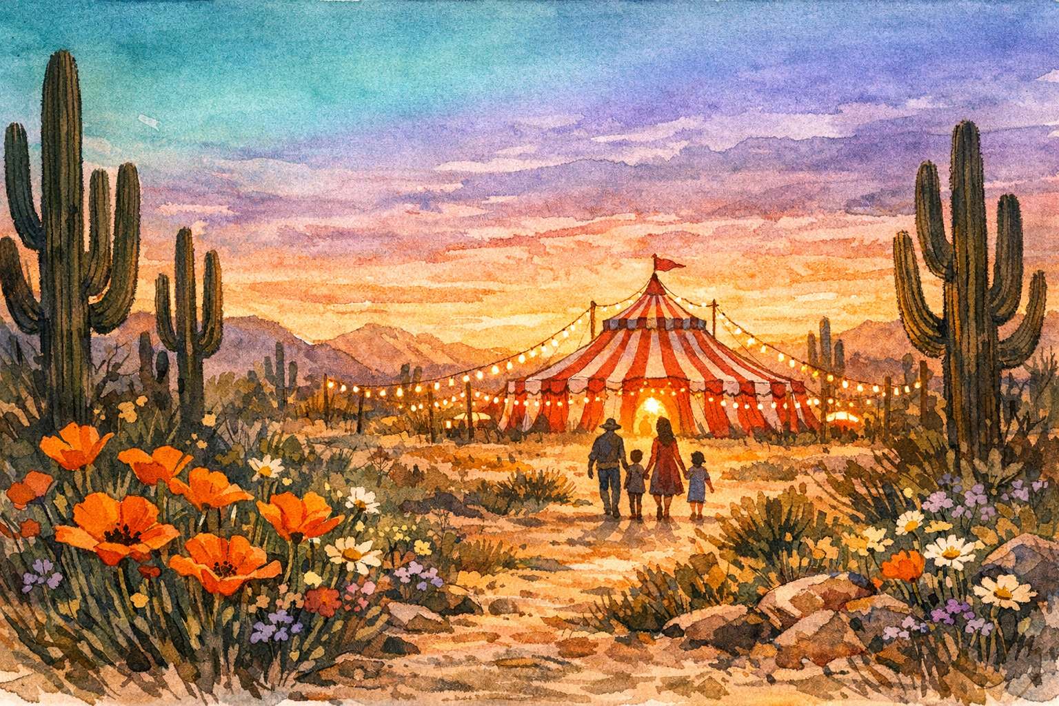 Watercolor illustration of a family walking through the Arizona desert toward a glowing circus big top at sunset, with saguaro cacti and wildflowers
