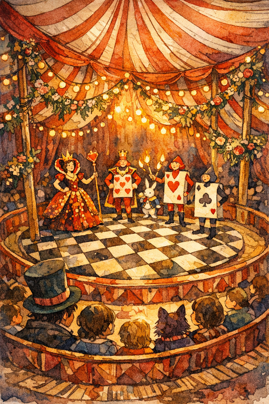 Watercolor illustration of the interior of the Venardos Circus tent showing performers in playing card costumes on a checkered floor, with botanical garlands and warm golden lighting