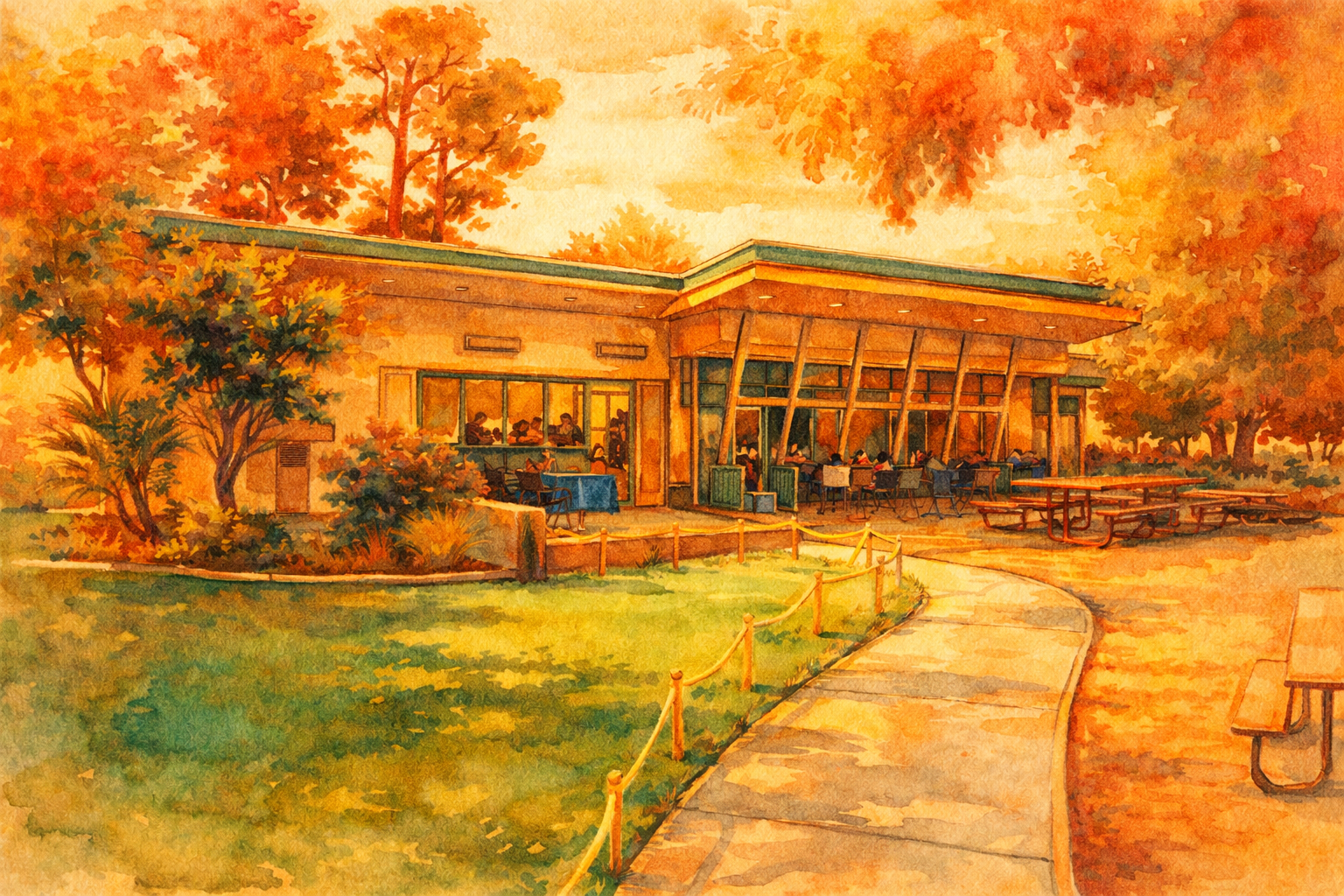 Watercolor of a family gathered at a rustic outdoor restaurant patio