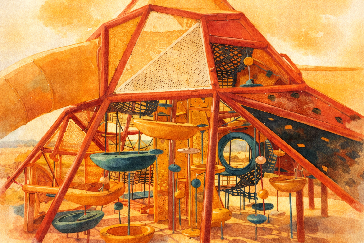 Watercolor of children playing at a playground with splash pad in an Arizona park