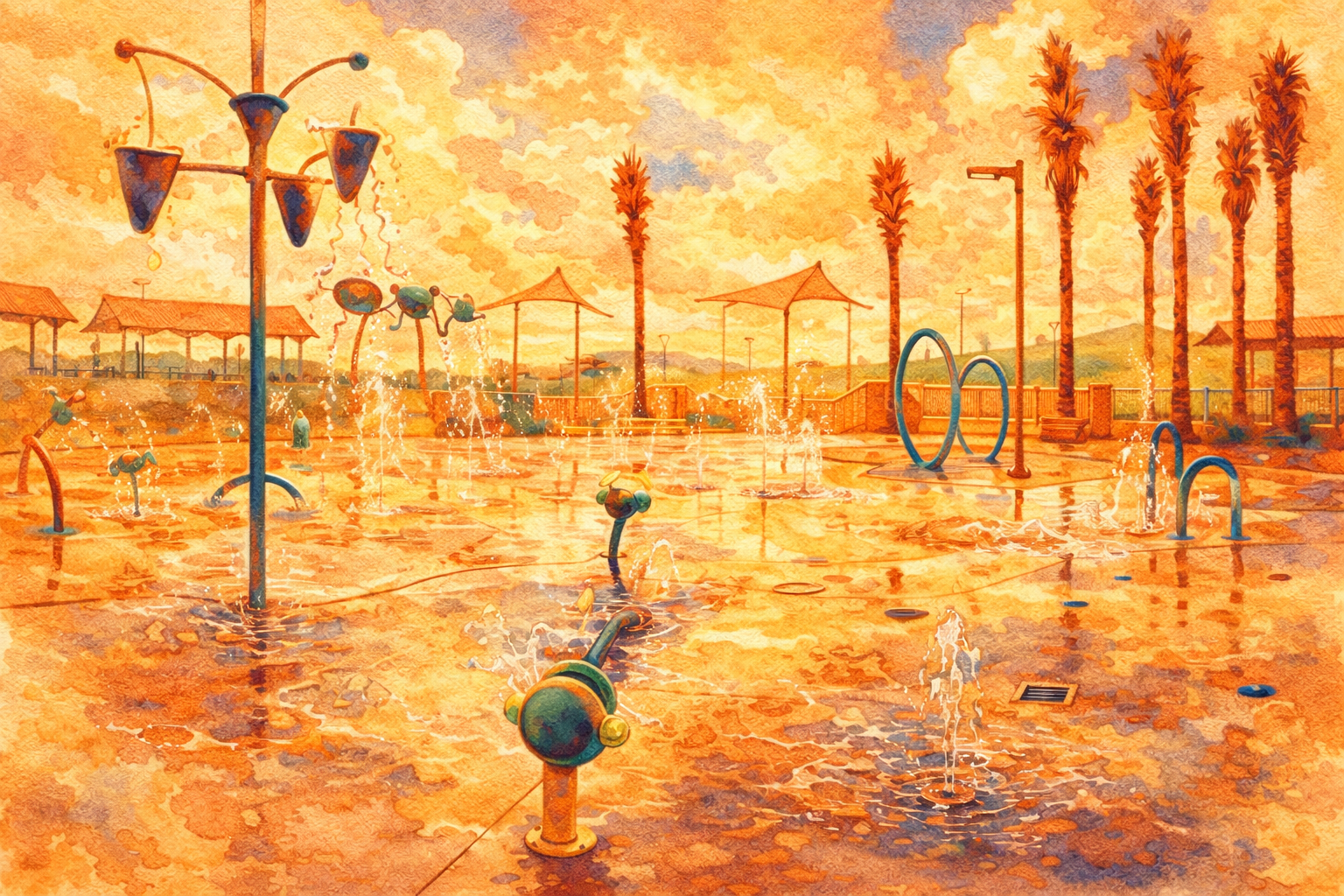 Watercolor of the Gilbert Regional Park splash pad with water features and palm trees