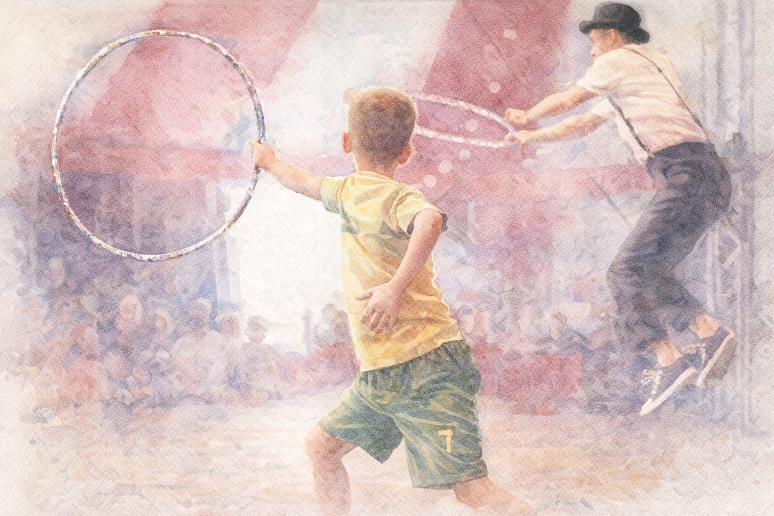 Watercolor of a child playing hula hoops with a performer inside the intimate circus tent
