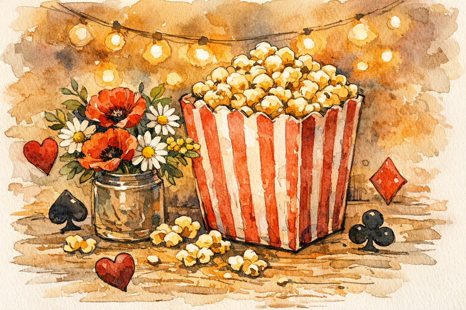 Watercolor still life of circus popcorn in a striped box with poppies, string lights, and playing card suit symbols