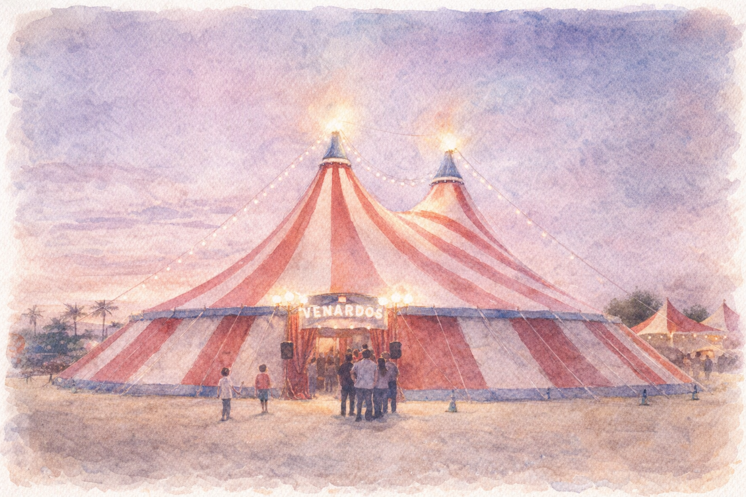 Watercolor of the Venardos Circus big top tent at twilight with string lights and families arriving